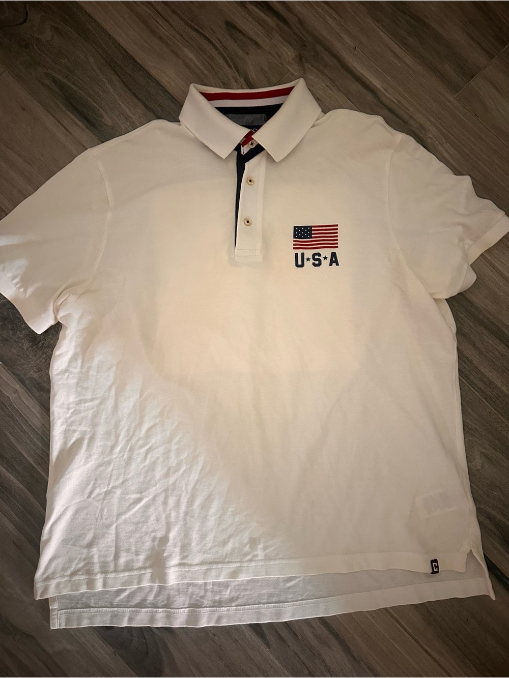 Chaps White Polo with USA Flag and Navy-Red Trim **LARGE**